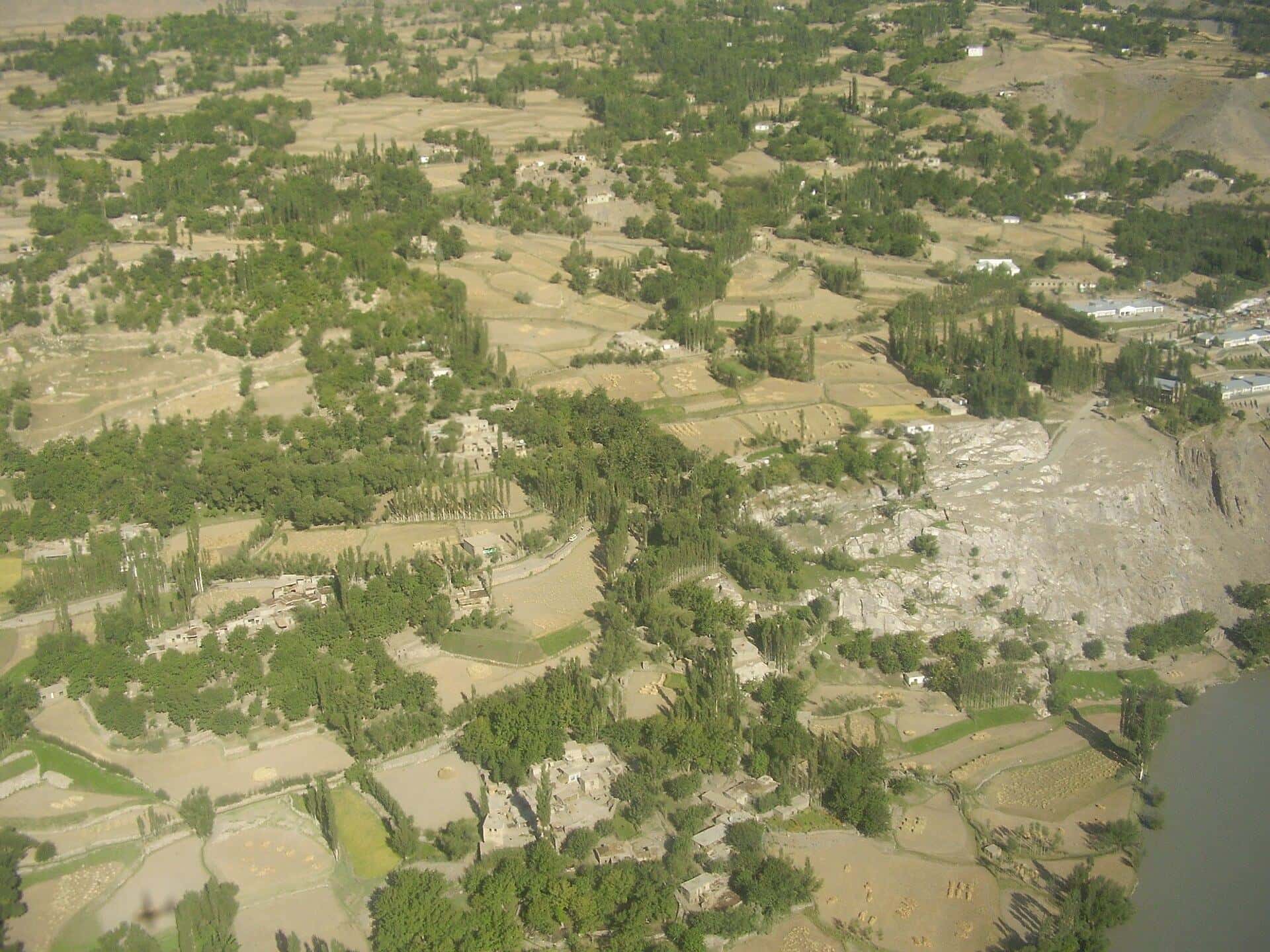 Green fields and orchards of a village seen from above